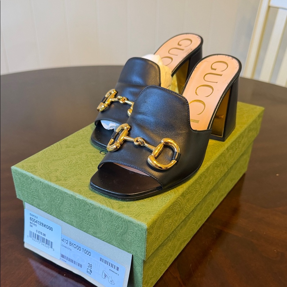 Gucci Black Leather Gold Horsebit Block Heel Mules